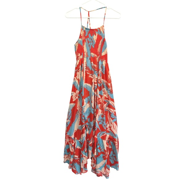 Free People Dresses & Skirts - Free People Maxi Dress Smocked Floral Tropical Red Blue Women